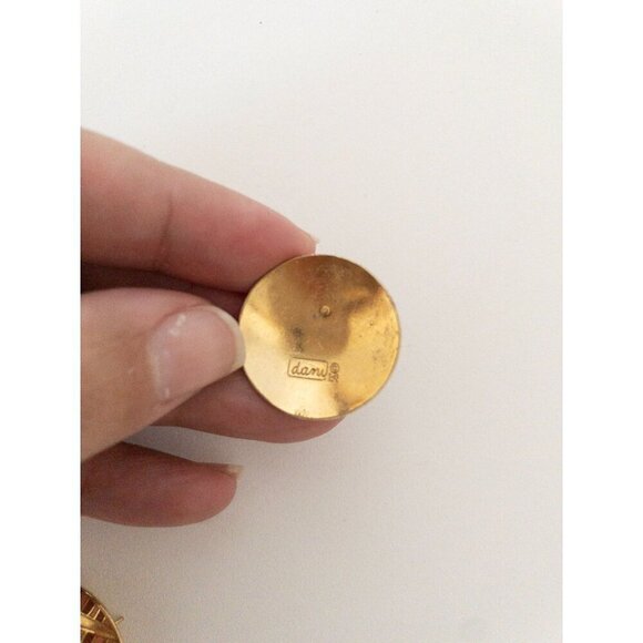 Vintage Damascene Earrings Round Gold & Brown Geometric Design - Picture 5 of 6